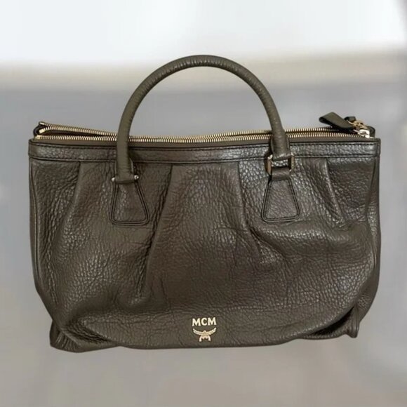 MCM Metallic Beige Satchel EUC no callouts like new. Pebbled leather. COA - Picture 1 of 15
